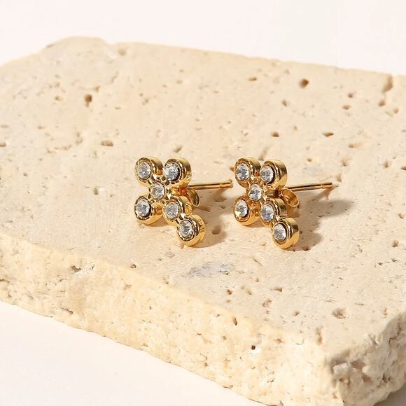 Zircon Cross Stud Earrings 18K Gold Plated‎ Minimalist - Picture 4 of 7